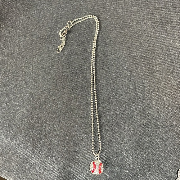NWT Baseball charm with red and clear crystals on a silver chain 16”- 18” long - Picture 2 of 3